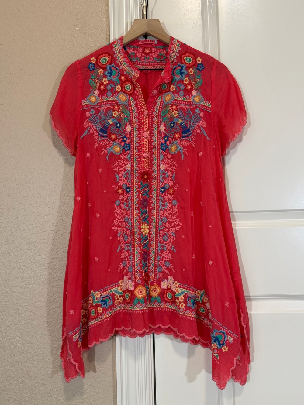 Johnny Was Mikones Embroidered Tunic Top vibrant floral embroidery scalloped hem